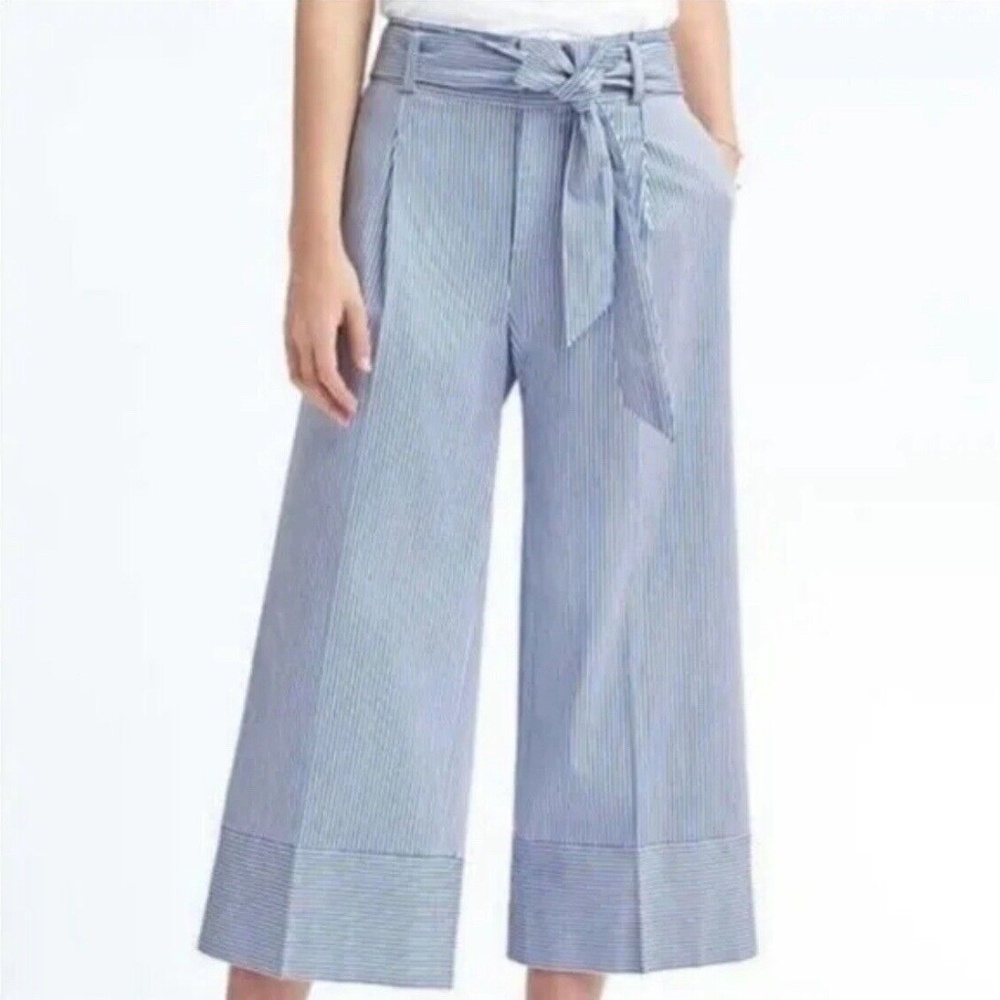 Banana Republic Blue Striped Tie-Waist Crop Pant